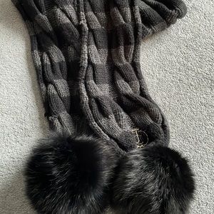 Juicy Couture black and gray knit scarf with fur poms